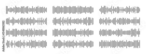 Waving, vibration and pulsing editable lines for financial monitoring. Radio sound wave set. Voice message. Audio icon. Waveform for music player interface. Recording. Equalizer template