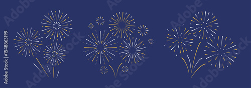 Fireworks on sky background. Set of sparkle icons in white yellow color and flat style. Celebration, winner, New year party, anniversary poster and banner decoration. Simple explosion.