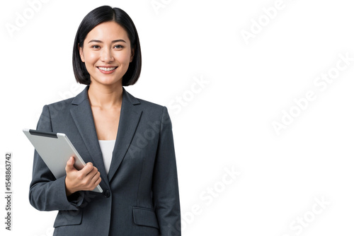 Smiling businesswoman in formal suit holding a tablet, isolated on transparent background, perfect for tech, business, and professional concepts