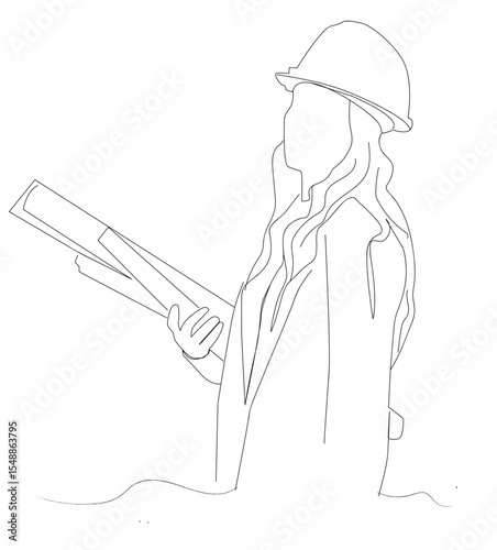female construction worker with helmet line art