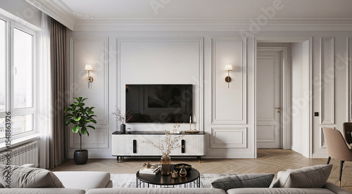 Elevation rendering a living room in modern luxury style with wall Paneling and tv cabinet