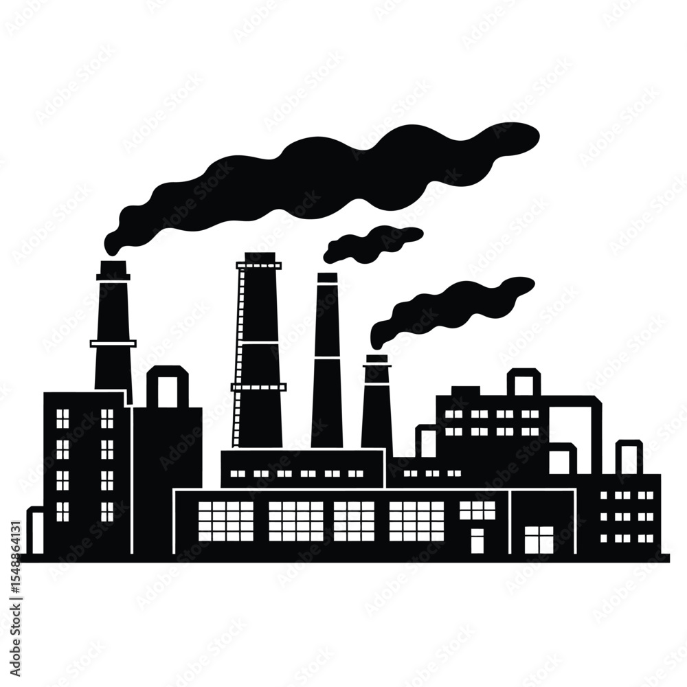 Fototapeta premium Factory Silhouette with Smoke Stacks Emitting Pollution in Black and White