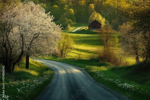 Vibrant Spring Highway: Asphalt Path Through Lush Green Fields Under a Clear Blue Sky