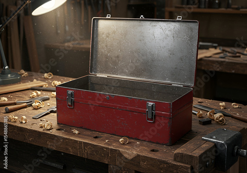 Empty Red Toolbox on a Rustic Wooden Workshop Table