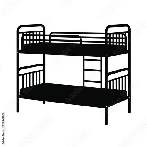 Black silhouette of a bunk bed with ladder isolated on white background