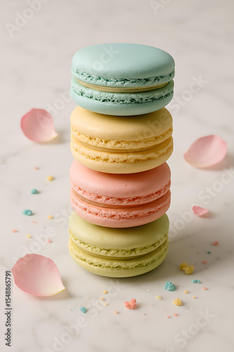 Assorted colorful French macarons, delicious sweet dessert biscuits, on a wooden table and a white plate