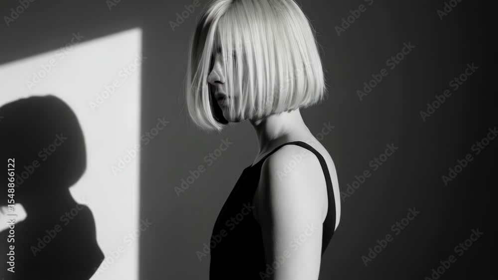 A young woman with a short, blunt blonde bob hairstyle is captured in a black and white portrait, with a dramatic shadow cast on the wall behind her