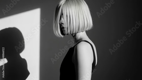 A young woman with a short, blunt blonde bob hairstyle is captured in a black and white portrait, with a dramatic shadow cast on the wall behind her