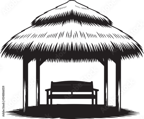Silhouette of Thatched Roof Gazebo with Bench for Relaxation and Shade Vector