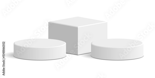 Cylinder and cube blocking white podium stage pedestal and platform vector, a minimalist display composition. Ideal for product showcases, geometric presentations, and modern abstract backdrops.