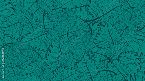 green pattern with  leaves background. Hand drawn illustration.