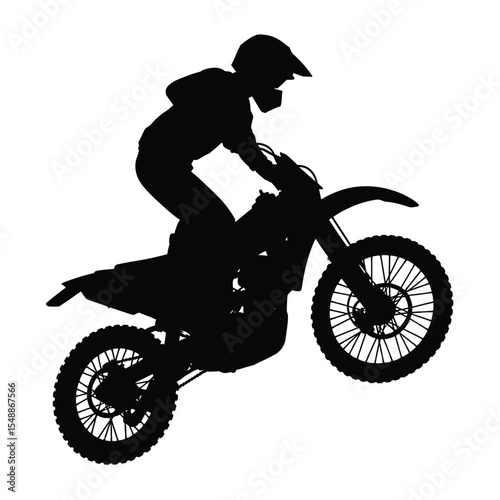Silhouette of a motocross rider performing a wheelie on a white background