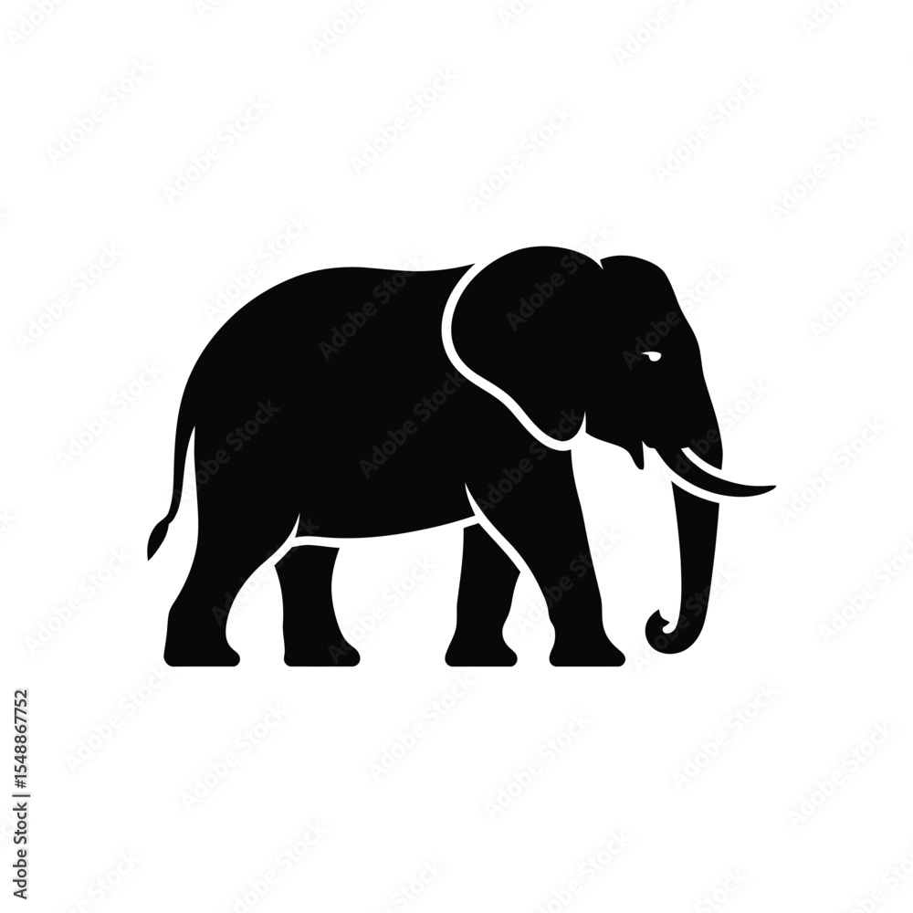 Obraz premium Black Silhouette of an African Elephant Walking Right Profile View Simple Graphic Design white background