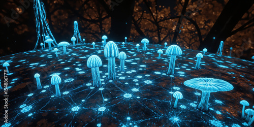Wallpaper Mural Wild Forest Mushroom Network Specialized infrared visualization of underground mycelium creating abstract communication web in trending biological research palette without Torontodigital.ca