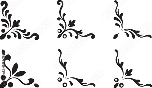 floral corner ornaments. Set of vintage  Elegant baroque frame decorations in black vector for invitations, borders	
