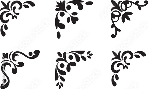 floral corner ornaments. Set of vintage  Elegant baroque frame decorations in black vector for invitations, borders	
