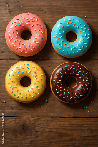 Two fresh, delicious baked bagels on a brown wooden background make a tasty breakfast snack