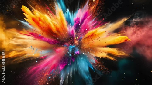 A vibrant explosion of colors bursts forth against a dark background, creating an abstract visual experience that captivates the viewer's imagination and evokes feelings of wonder