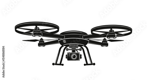 Vector Silhouette Illustration Featuring a Drone with Camera and Propellers in a Clear Sky