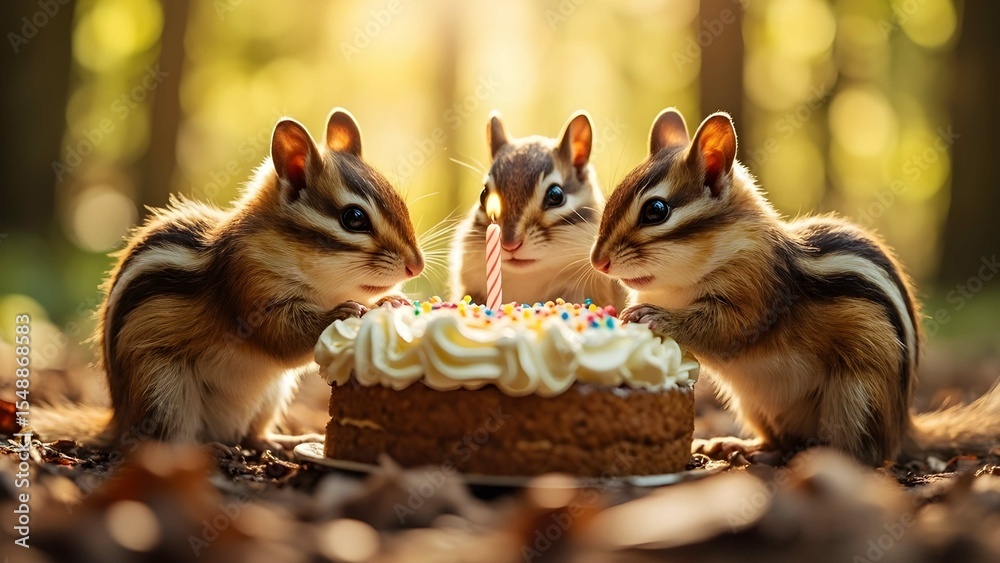Obraz premium Three Cute Fluffy Chipmunks Relishing a Yummy Cake