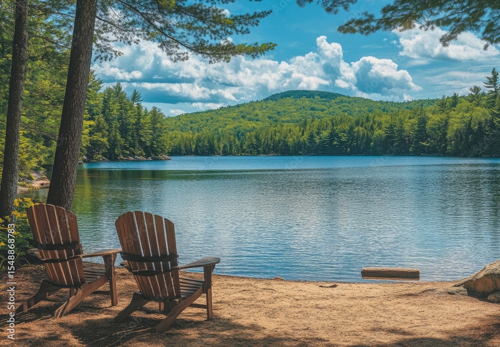 Tranquil lakefront scene. Two wooden Adirondack chairs face serene lake Tranquil lakefront scene. Two wooden Adirondack chairs face serene lake