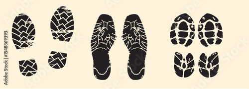 Collection of different abstract black vintage grunge shoe prints