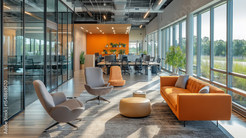 Contemporary office interior with tinted glass dividers, modern furniture, and abundant daylight. Warm, productive ambiance with neutral tones and subtle open space for copy or branding.