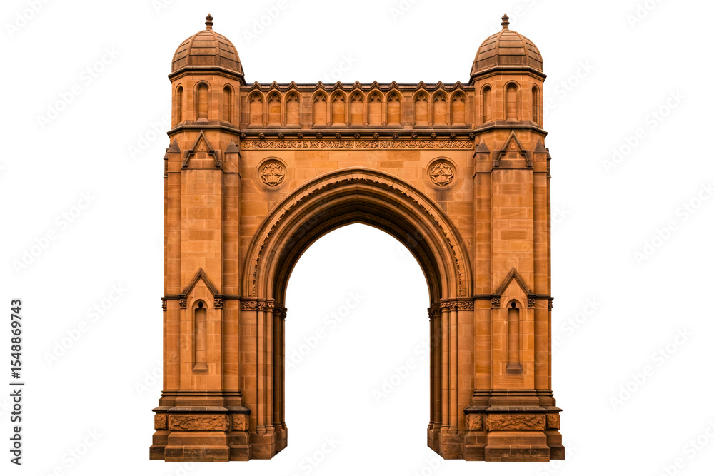 Obraz premium Ornate brown stone archway with two towers isolated on a transparent background