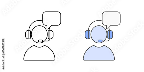 IT support agent avatar icon with headset and chat bubble, in outline and color styles, ideal for illustrating tech support personnel, IT helpdesk contact, and employee assistance services.