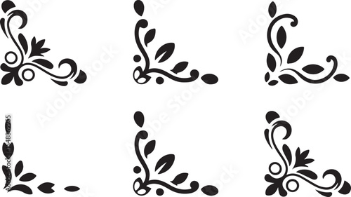 Set of vintage floral corner ornaments. Elegant baroque frame decorations in black vector for invitations, borders, design, and decor art	
