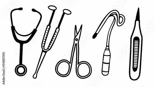 Illustration of medical tools including stethoscope, dilator, scissors, and thermometer in black and white created with generated ai