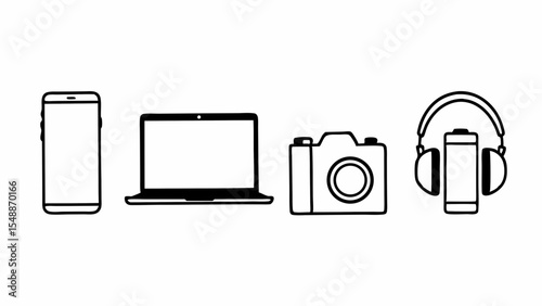 Line art illustration showcasing a smartphone, laptop, camera, and headphones arranged in a row design created with generated ai
