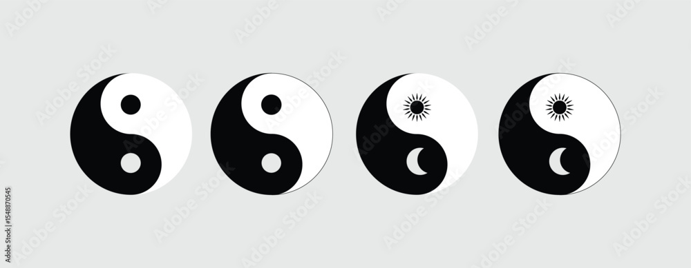 Fototapeta premium Celestial Yin Yang Icon Symbol Set – Sun & Moon Balance Black & White Vector Pack. 
