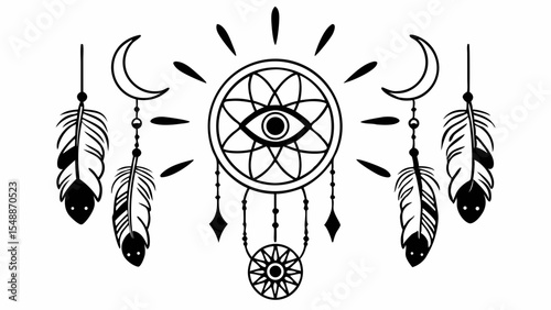 Dreamcatcher with eye, feathers, and moon phases in a black and white vector illustration style created with generated ai