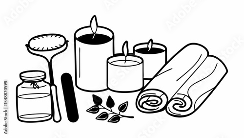 Illustration of spa essentials including candles, towels, oil, and facial roller for relaxation and wellness created with generated ai