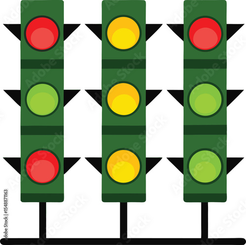 Traffic Light Array with Red Yellow and Green Signals in a Geometric Style on a White Background Connected by a Black Base This