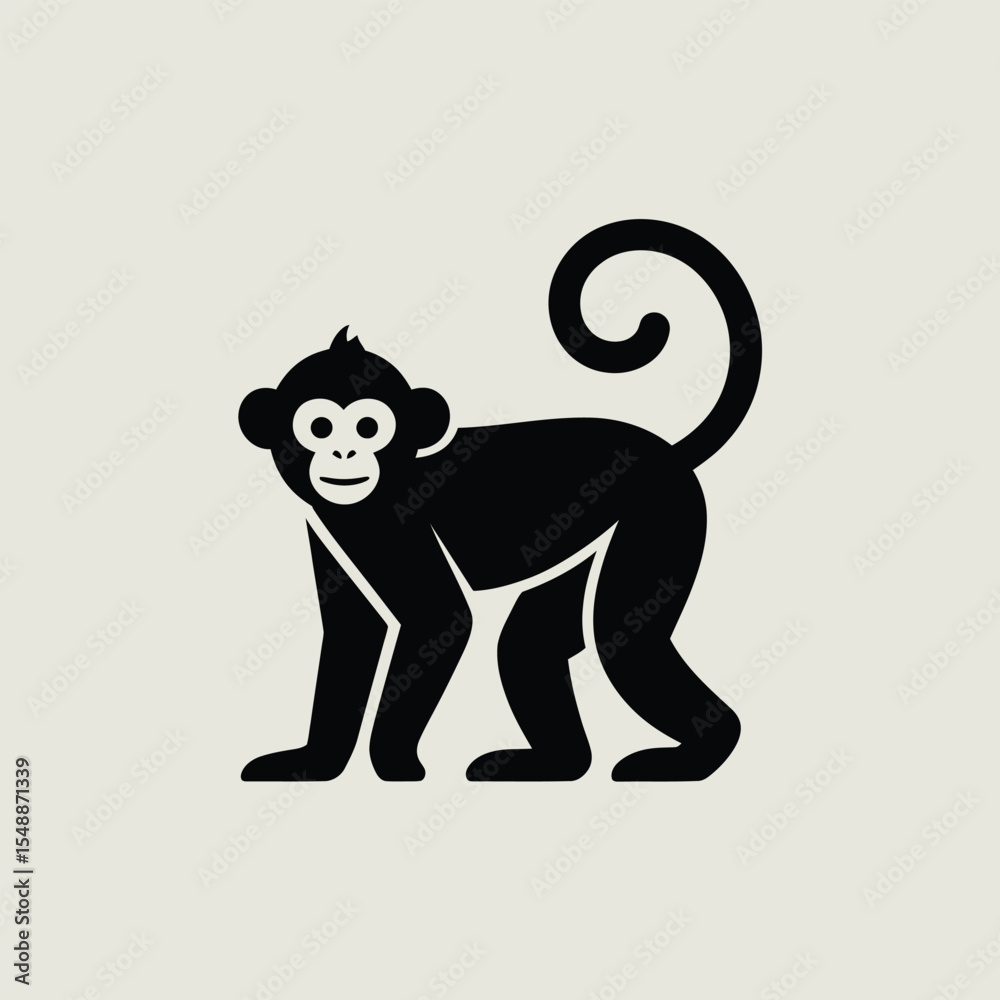 Fototapeta premium Black Silhouette of a Monkey Standing on a Light Gray Background Simple Minimalist Animal Icon Design