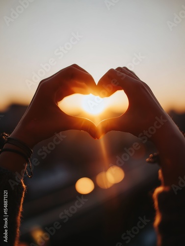 Silhouette of hands forming a heart shape against a glowing sunset, symbolizing love and warmth in natural light.