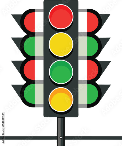 Stylized Traffic Light with Red Yellow and Green Lights Featuring a Modern Design and Geometric Shapes on a White Background Vector Illustration This