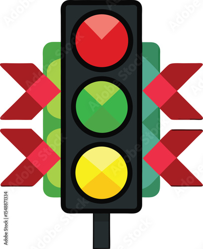Abstract Traffic Light Illustration with Geometric Shapes and Vibrant Colors Including Red Yellow Green and Gray on a Clean White Background This illustration