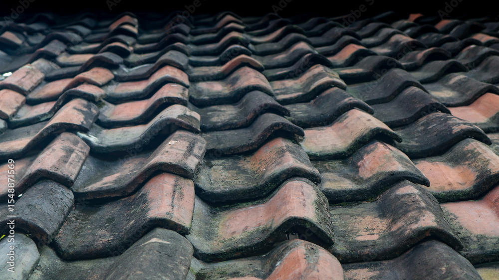 Fototapeta premium Rustic terracotta roof tiles with moss and weathered textures, perfect for architectural or vintage design projects.