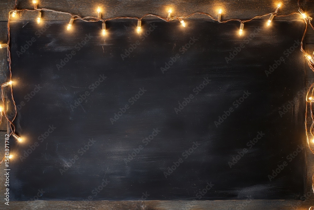 Obraz premium Festive Chalkboard Aglow: Holiday Lights on a Winter Blackboard Background
