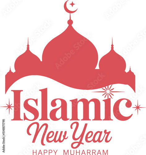 Red islamic new year greeting card with mosque and crescent moon design