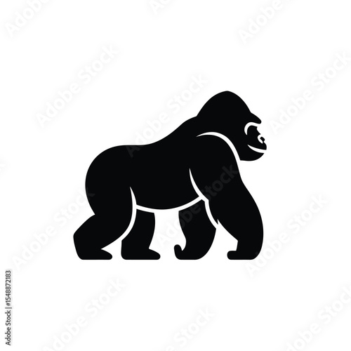 Black Silhouette of a Gorilla Walking Right Profile View Simple Graphic Design Element white background photo