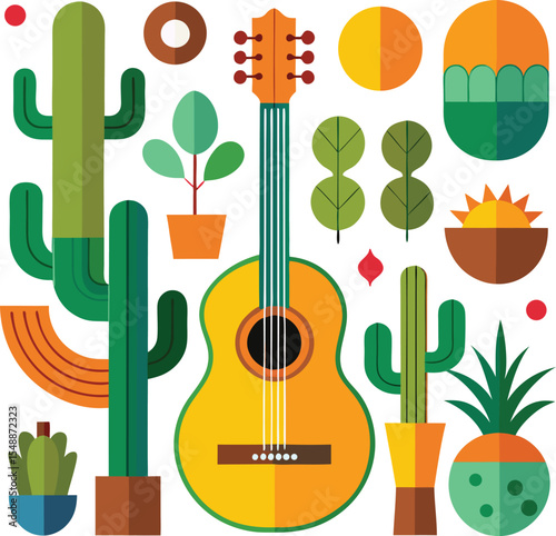 Geometric Mexican Fiesta Illustration with Guitar Cacti and Tropical Plants on a White Background in a Flat Design Style for Creative Projects This