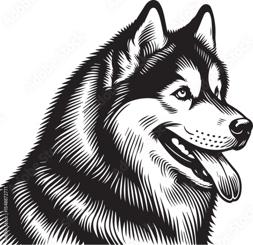 Siberian Husky Dog Vector Illustration in Black and White 