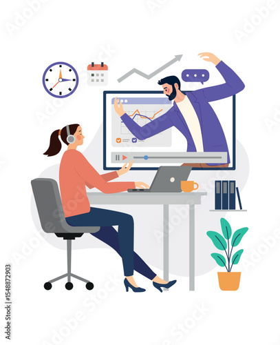 Business working with video conferencing platforms for meetings, financial advice, online coaching, tutorials, and virtual podcast training. Remote communication and teamwork concept.