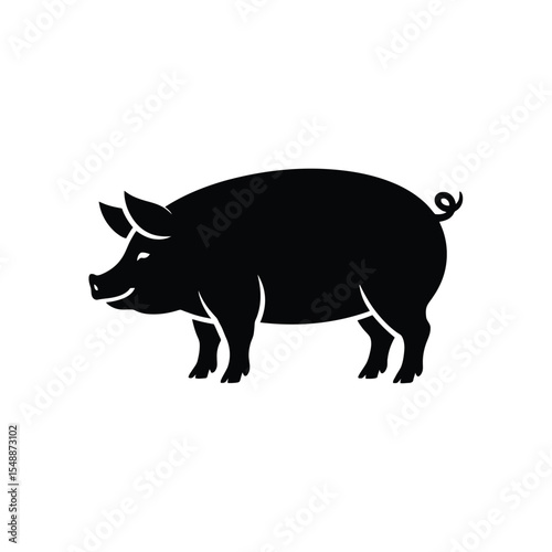 Black Silhouette of a Domestic Pig Standing on White Background Simple Farm Animal Icon Vector Illustration