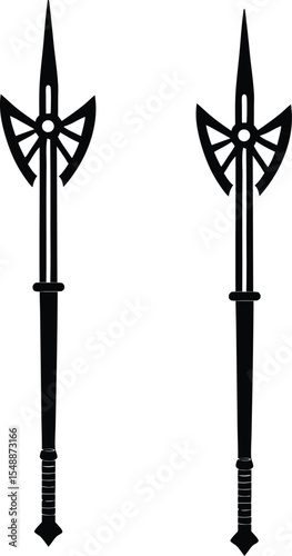 Pair of Black Halberds with Intricate Axe Heads and Spear Points Standing Tall on a White Background Evoking Medieval Warfare and Heraldic Symbolism