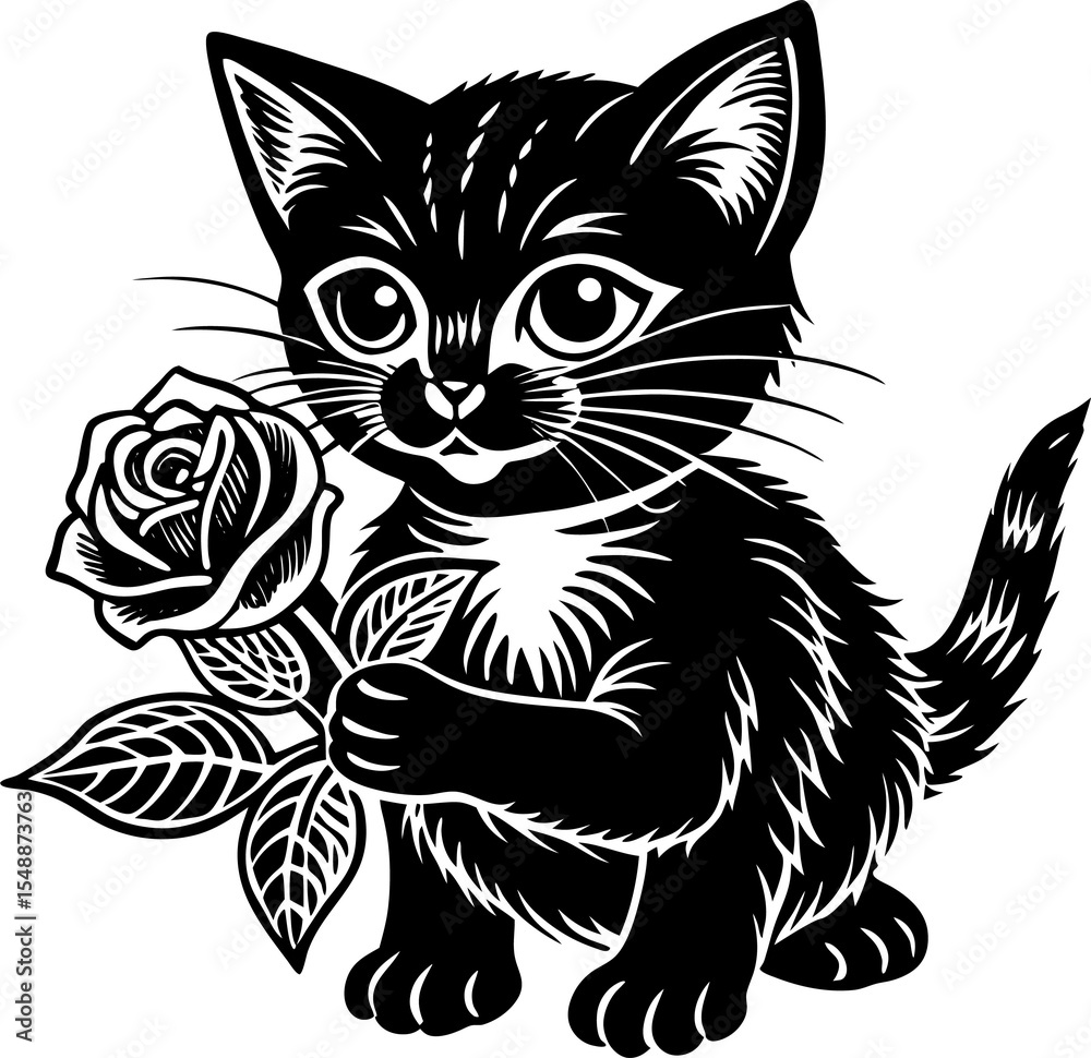 Obraz premium cat and flower on white background